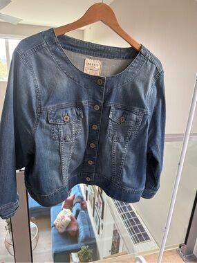 torrid Dark Blue Washed Denim Crop Jacket - 3/4 length sleeves